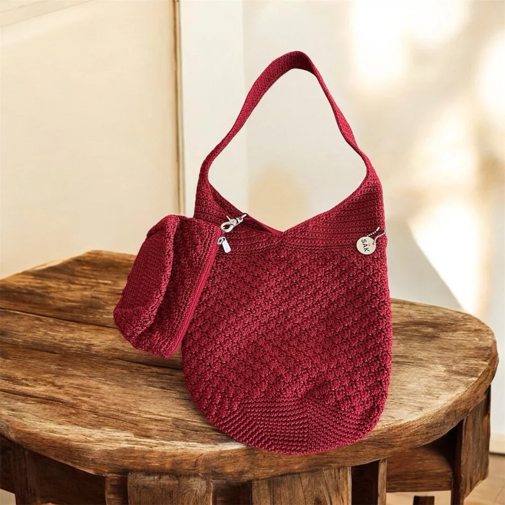The SAK RED KNITTED SHOULDER SLOUGHY BAG PLUS EXTRA BAG INSIDE
